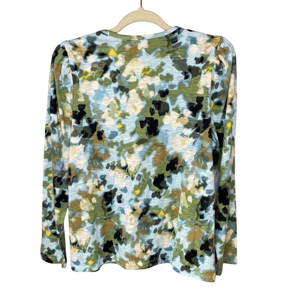 Chicos Womens Size 1 US M Blue Green Abstract Watercolor V-Neck Long Sleeve Top - Picture 2 of 8